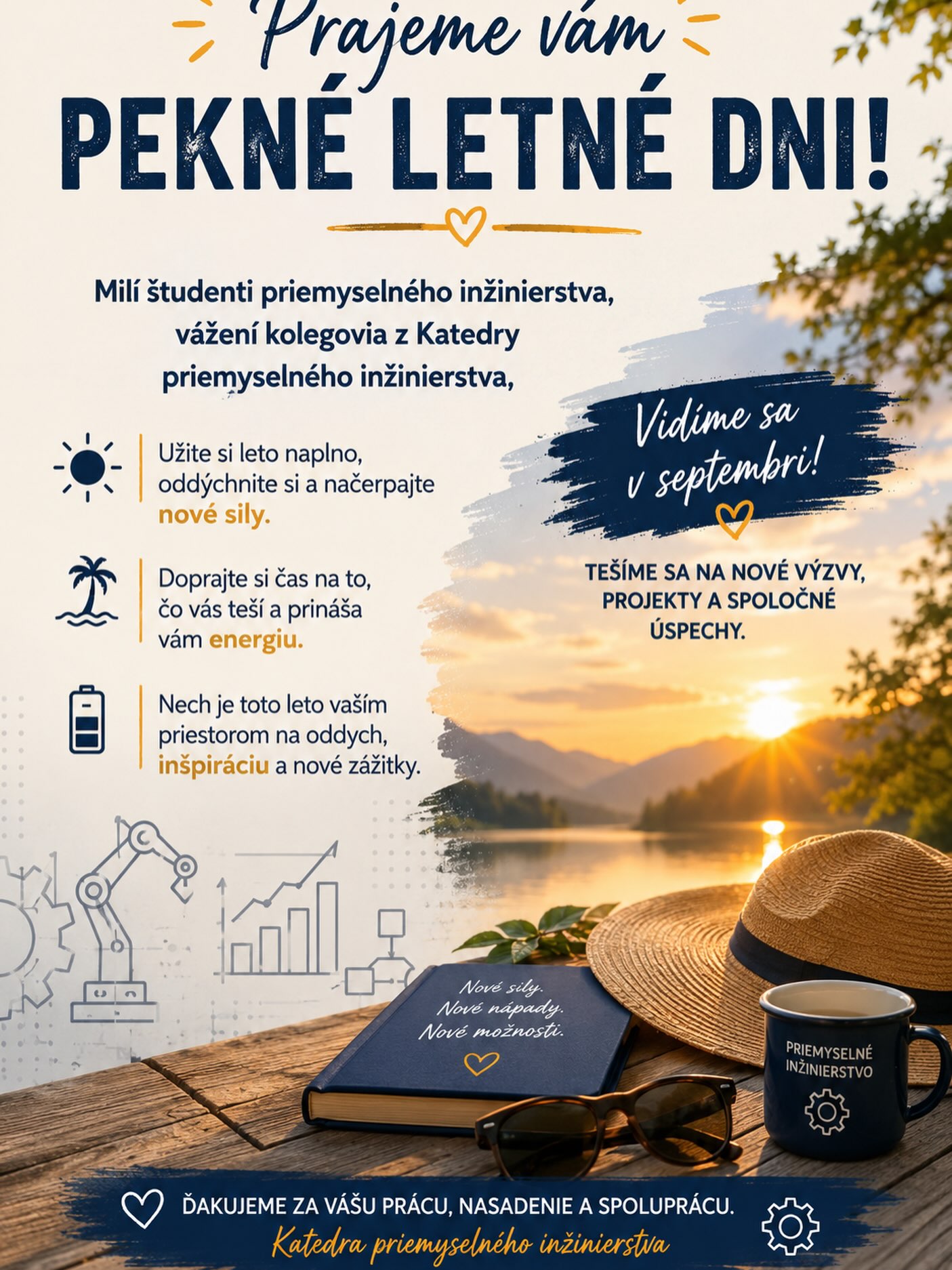 🌞📚⚙️

Milí študenti priemyselného inžinierstva, vážení kolegovia,

s príchodom leta vám prajeme dni plné oddychu, pohody a príjemných zážitkov. Nech je toto obdobie príležitosťou načerpať novú energiu, inšpiráciu a motiváciu pre ďalšie výzvy, ktoré nás čakajú v novom akademickom roku.

Užite si zaslúžený oddych, venujte čas svojim blízkym, koníčkom a všetkému, čo vám prináša radosť. Veríme, že sa v septembri opäť stretneme plní nových nápadov, elánu a chuti posúvať priemyselné inžinierstvo vpred.

Ďakujeme za vašu prácu, nasadenie a spoluprácu počas celého roka. 💙

Praje vám Katedra priemyselného inžinierstva. 

#kpiuniza #kpi #sjfuniza #uniza #zilinskauniverzita